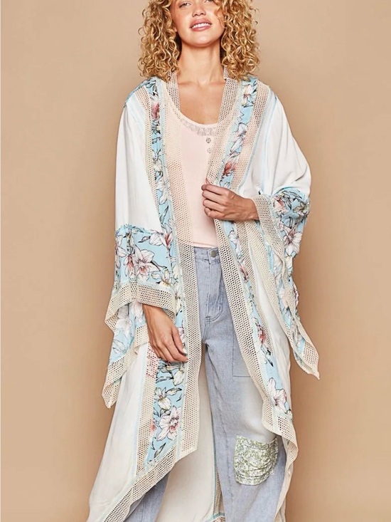 POL Other - POL COST 🛑Lightweight Floral Knit-Trim Kimono - Blue & Cream